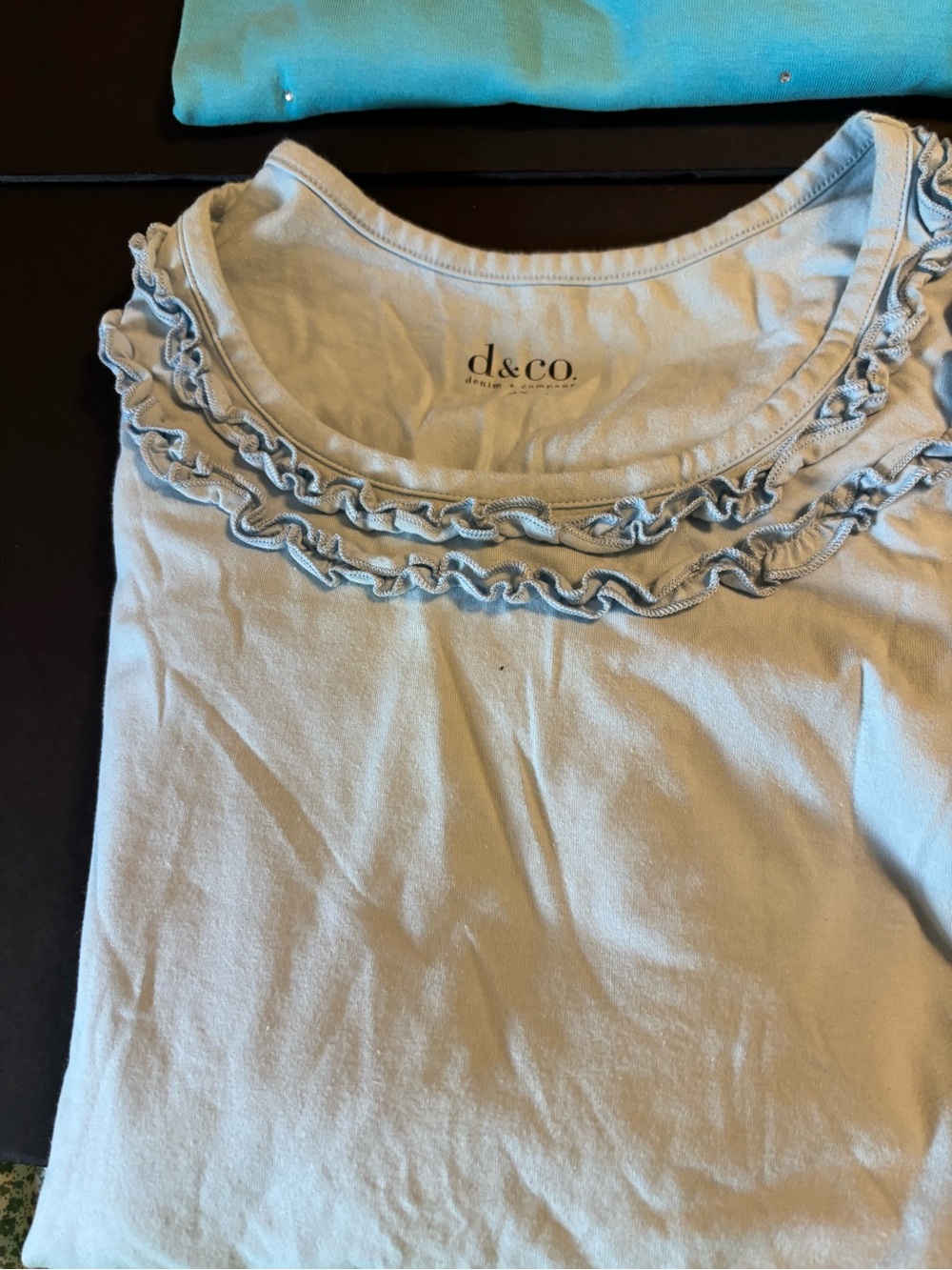 QVC Lot 2 Denim & Co Quacker Factory tops 3X Ruffle Pastel Blue Aqua Rhinestone - Picture 2 of 8